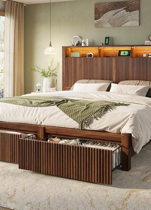 King Size Bed Frame with Headboard and Dual Storage Drawers, LED Lighting and Charging Port, Farmhouse Wavy Design, Wood and Metal Platform, Noise-Free, No Box Spring Required, Walnut Finish