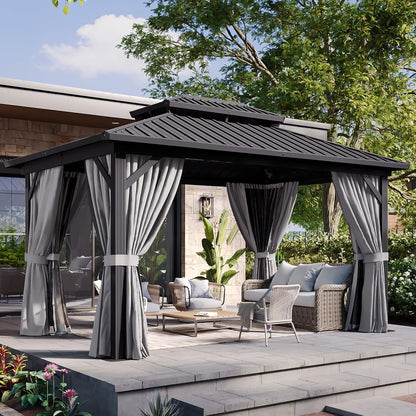10' X 12' Hardtop Gazebo, Aluminum Metal Outdoor Gazebo with Galvanized Steel Double Roof, Permanent Patio Pavilion with Breathable Netting and Curtains for Dining, Wedding, Party