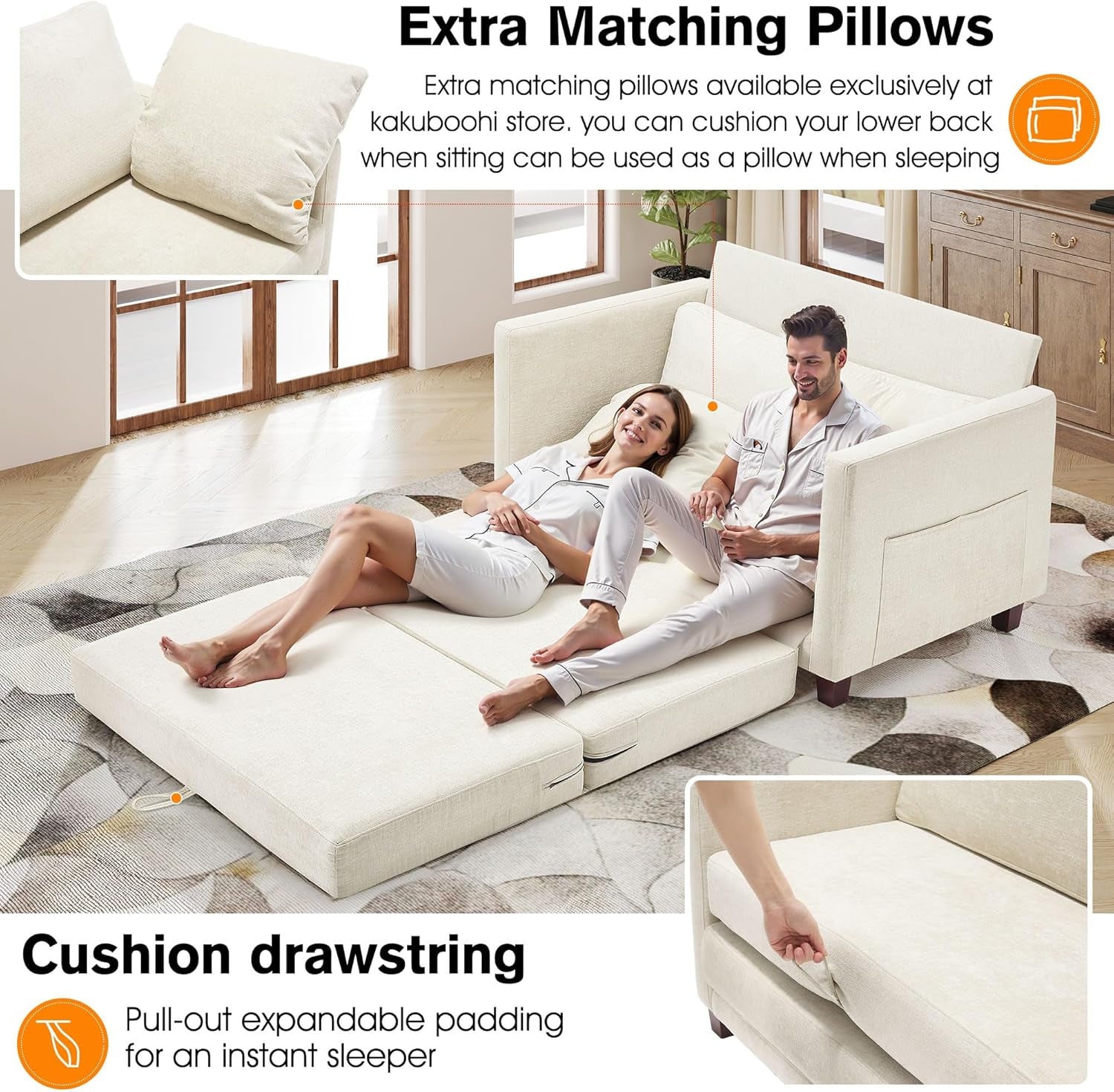 51" Loveseat Sleeper Sofa Bed, Chenille Convertible Floor Sofa Bed for Small Spaces, Folding Couch Bed with Deep Seat, 2 Pillows & Solid Frame, Pull Out Floor Couch for Living Room, Beige