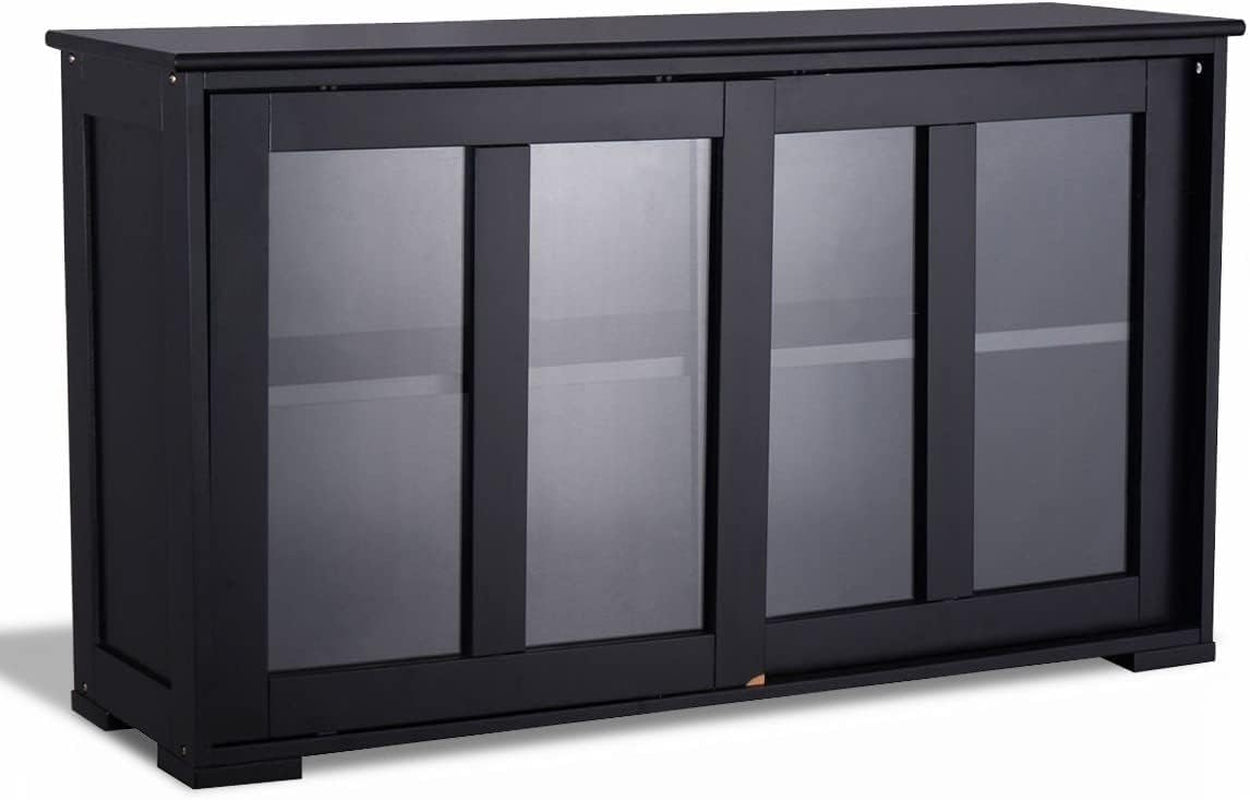 Kitchen Stackable Storage Cabinet with Height Adjustable Shelves & Glass Sliding Doors, Cupboard Server Buffet Console Sideboard, Black