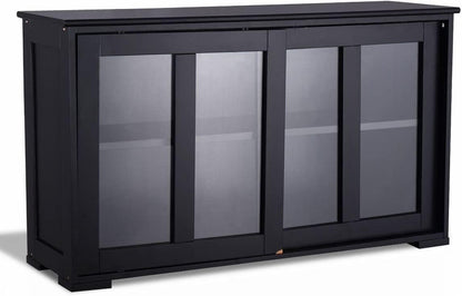 Kitchen Stackable Storage Cabinet with Height Adjustable Shelves & Glass Sliding Doors, Cupboard Server Buffet Console Sideboard, Black