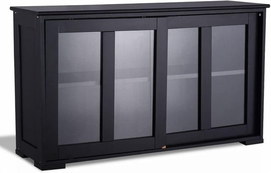 Kitchen Stackable Storage Cabinet with Height Adjustable Shelves & Glass Sliding Doors, Cupboard Server Buffet Console Sideboard, Black