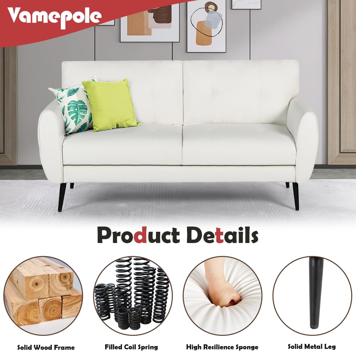 60" Mid-Century Modern White Faux Leather Loveseat, 2-Seater, 27.95" W X 30.7" H, Comfortable Office Sofa for Small Spaces, Bedroom, Apartment