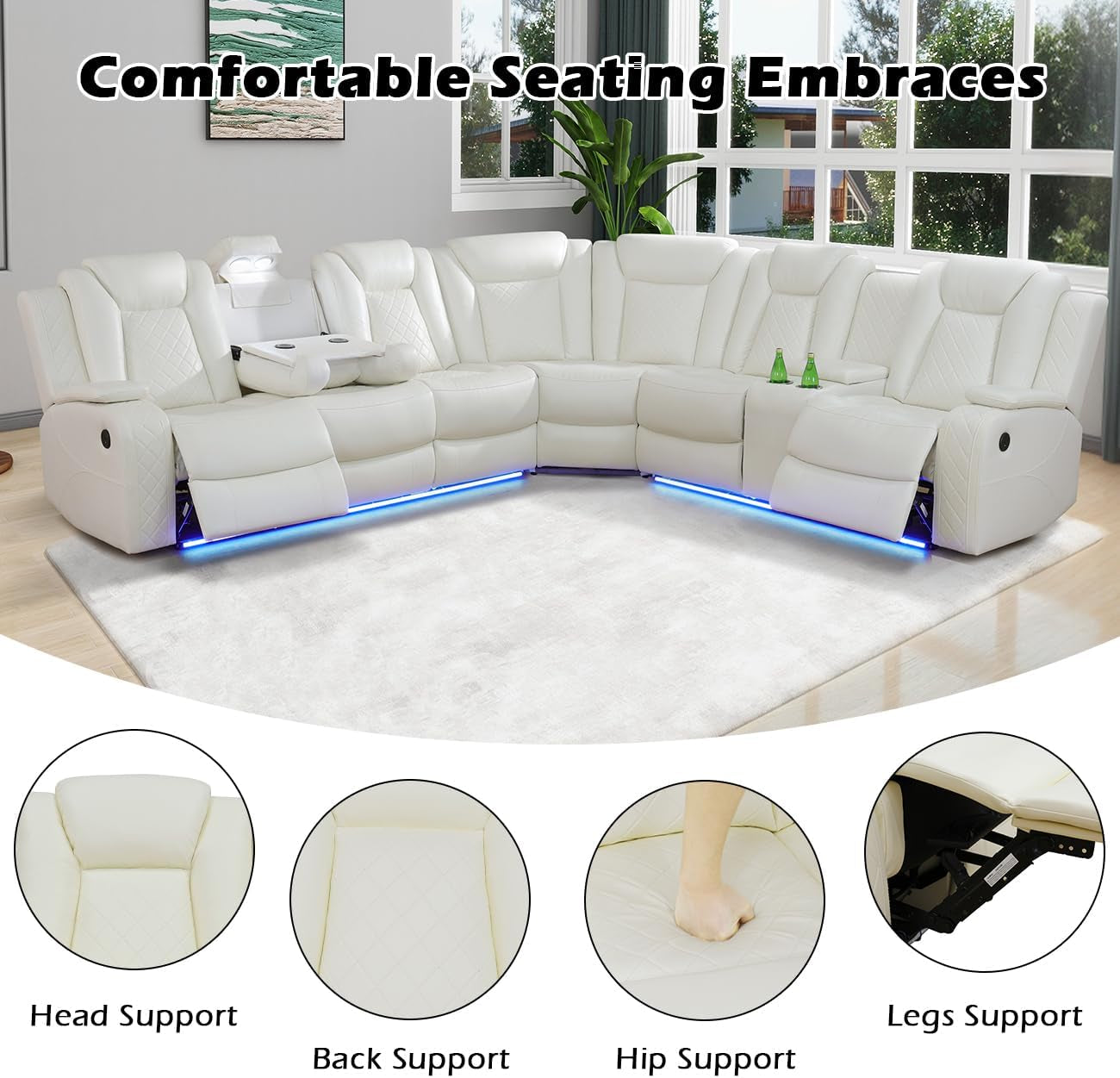 Power Recliner Sectional Sofa Set for Living Room Furniture Sets,Leather Reclining Sofa Set with LED Lights/Hidden Storage,L- Shaped Couch for Living Room/Home Theater(White,Sectional)