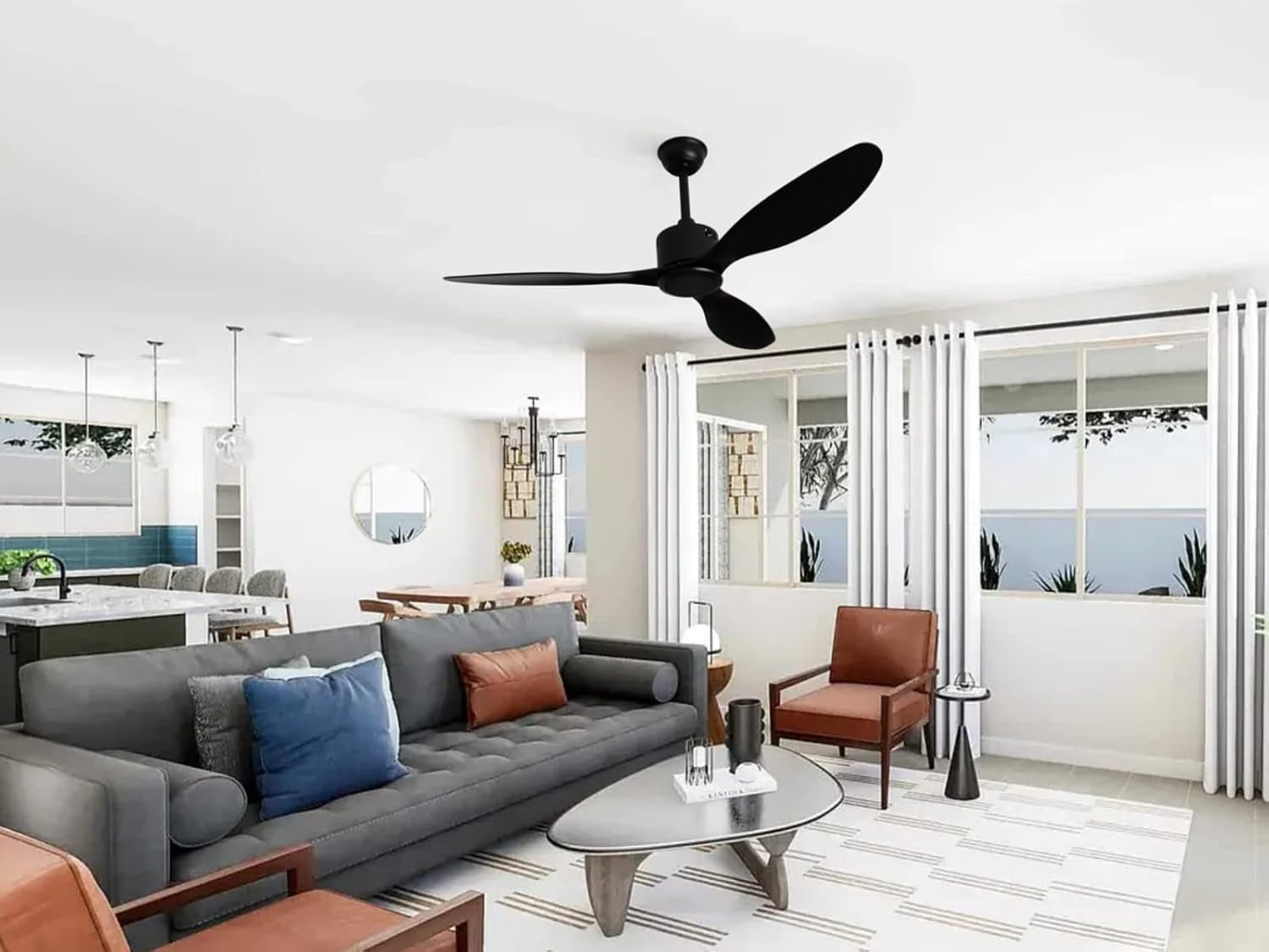 52-Inch Ceiling Fan No Lights Remote Control Low Profile 3 Blades Reversible DC Motor, Black