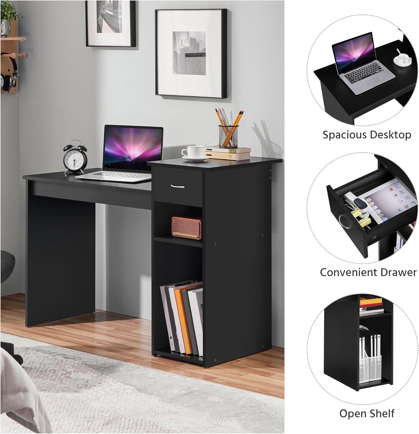 Home Office Modern Desk and Chair Set Computer Desk W/Drawer & Shelves with Ergonomic Mesh Height Adjustable Office Chair