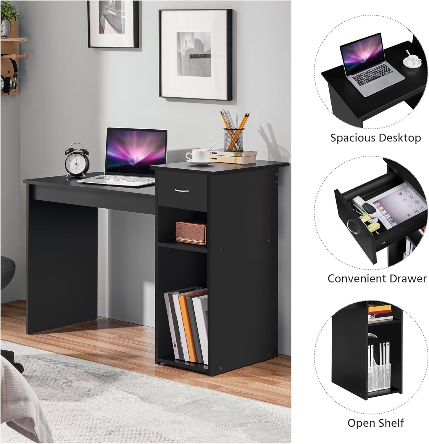 Home Office Modern Desk and Chair Set Computer Desk W/Drawer & Shelves with Ergonomic Mesh Height Adjustable Office Chair