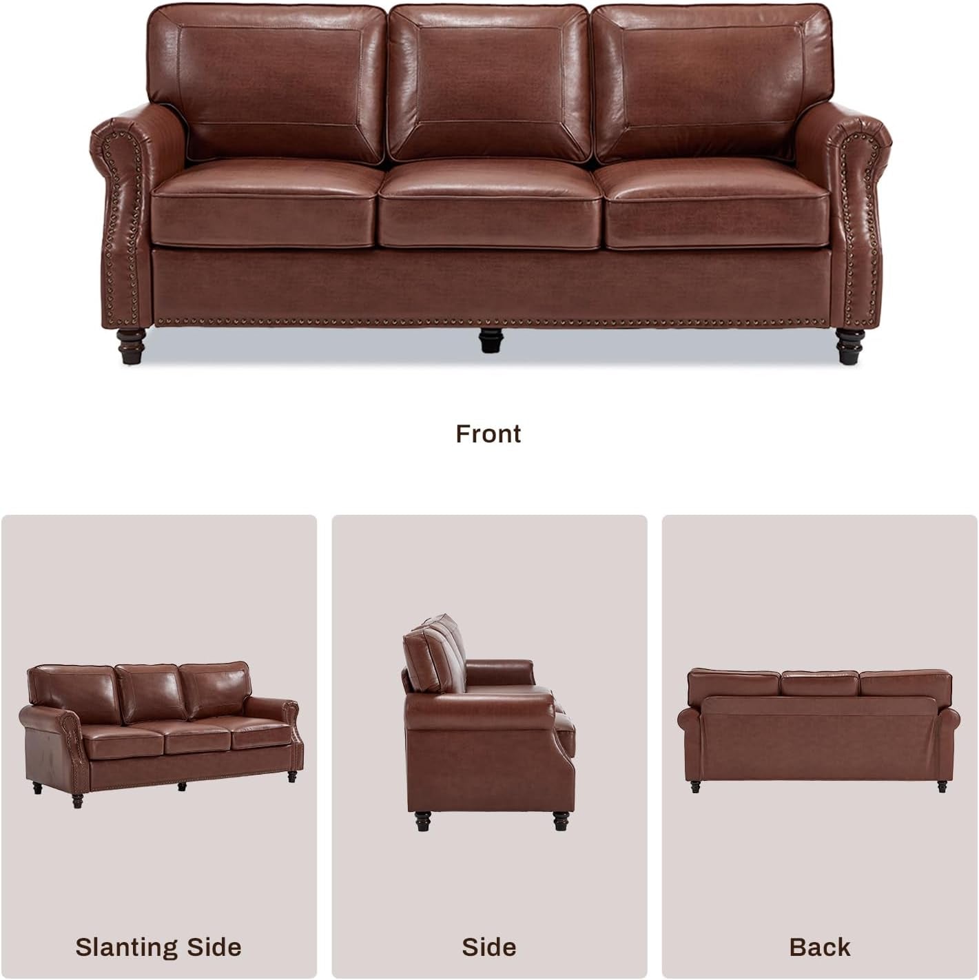 Mid-Century Modern Couch, Fux Lether Sof, 3 Seter Couch for Living Room with Rolled rms & Nilhed Trim, Drk Coffee