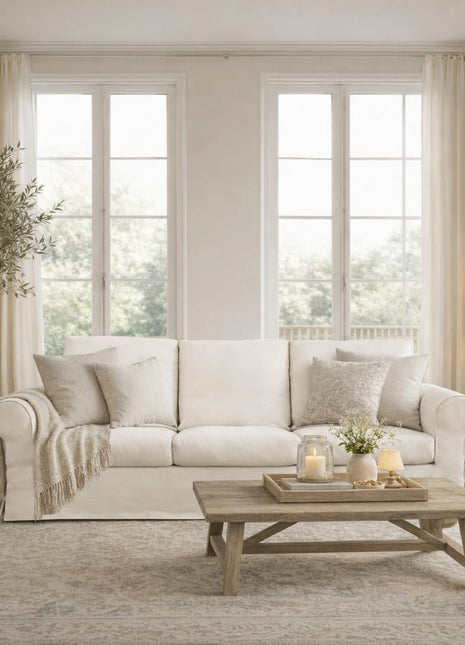 89-Inch Three-Seat Sofa for Living Room, Deep-Seated Comfortable Couch with Removable Linen Slipcover, Modern Farmhouse Style with Rolled Arms and High Back Support, Cream White