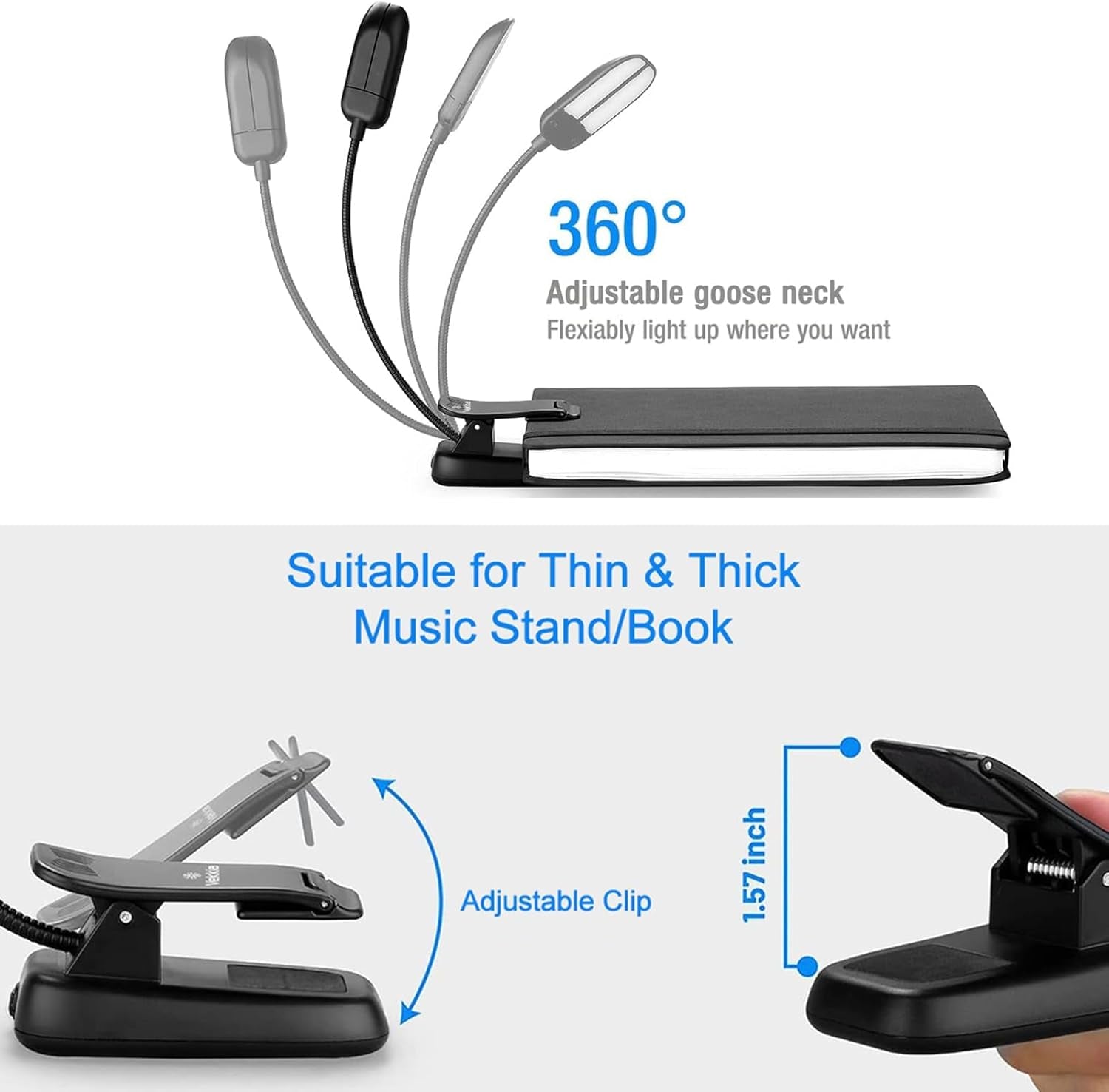 14 LED Rechargeable Book Light for Reading at Night, Eye-Care Reading Light for Books in Bed, 180° Adjustable, Clip on Lamp, 3 Color Temperatures, Lightweight, Present for Reader