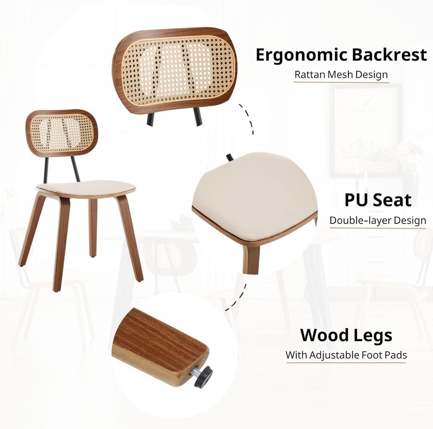 Modern Dining Chairs Set of 2, Upholstered Faux Leather Dining Room Chairs with Rattan Backrests and Wood Legs, Armless Kitchen Chairs for Dining Room, Beige