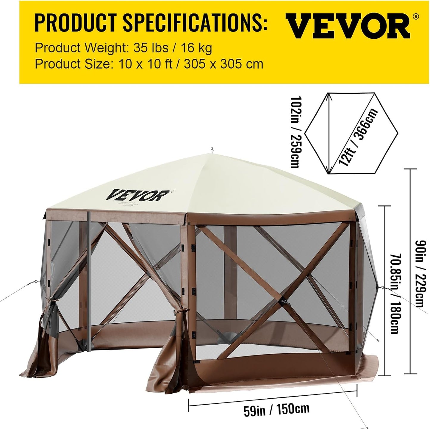 Pop up Gazebo Screen Tent, Pop-Up Instant Gazebo Tents with Mosquito Netting Outdoor Canopy, 6 Sided Sun Shelter 10X10Ft with 6 Removable Wind Cloths & 2 Mesh Windows, Pavilion Tent for Patio