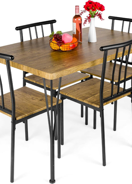5-Piece Contemporary Rectangular Dining Table Set with Metal and Wood Finish for Kitchen and Dining Room, Featuring 4 Chairs - Brown