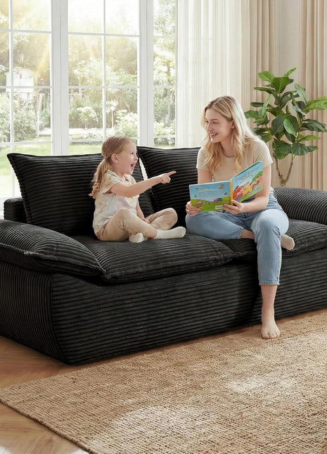 59-Inch Boneless Loveseat Sofa - Black 2-Seater with Removable Cushions and 2 Pillows, Compact Foam Couch for Living Room, Apartments, and Office