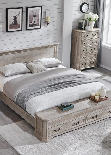 Rustic Wood Farmhouse King Bed with Headboard and Storage Bench, 80" Storage Chest with 4 Large Drawers in Light Rustic Oak