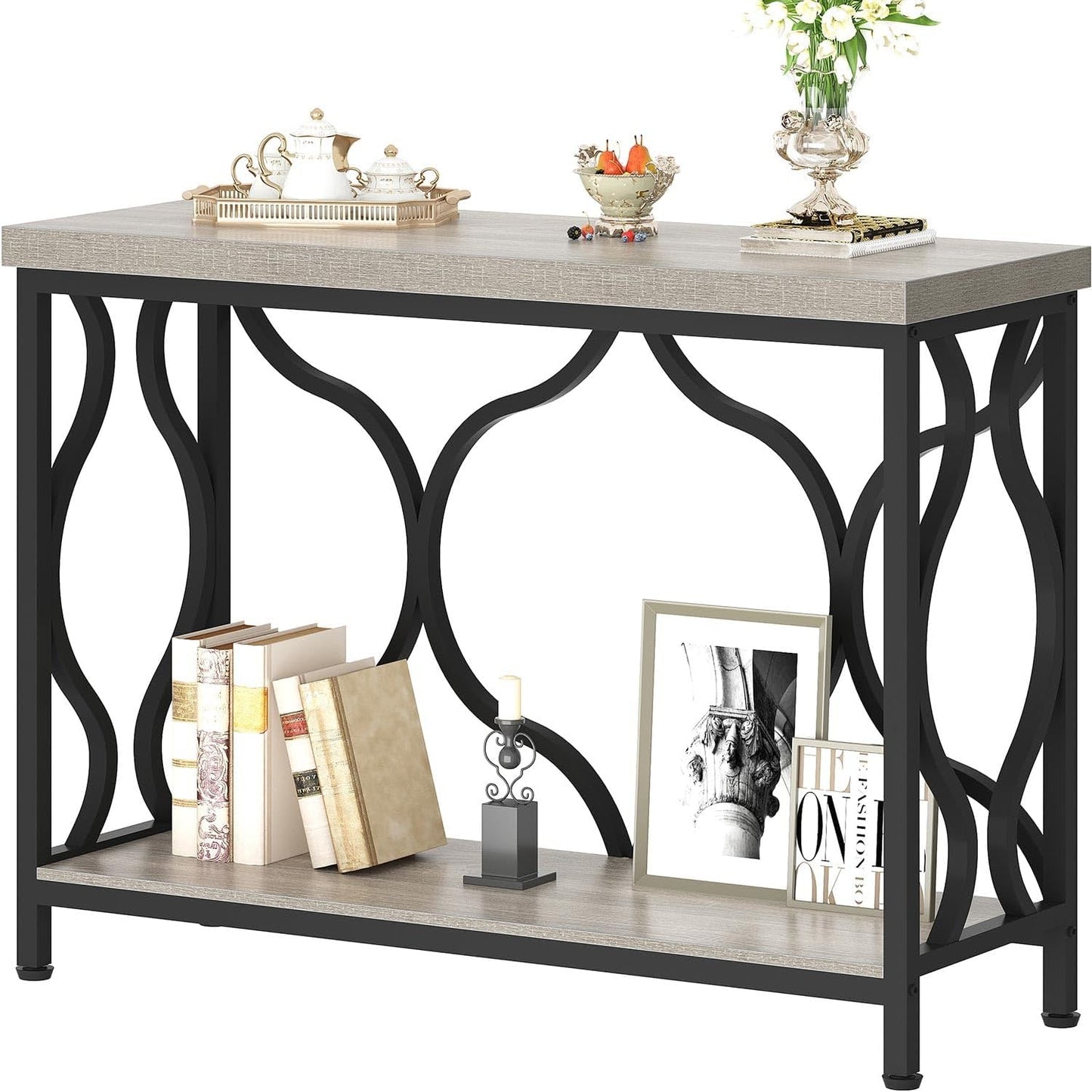 Narrow Entryway Table with Storage, Modern Wood Metal Console Sofa Table behind Couch Tables, Industrial Narrow Hallway Table for Living Room Home Office Foyer Entry Way Entrance, Grey, 39.4 Inch