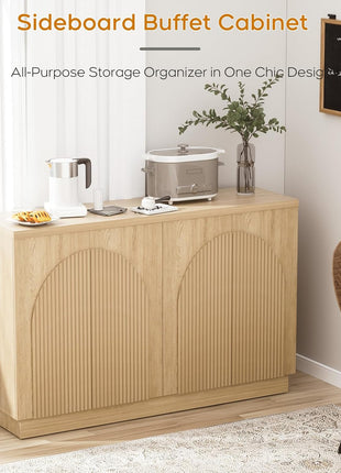 55-Inch Contemporary Mid-Century Fluted Sideboard Buffet Cabinet with Arched Reeded Doors and Adjustable Shelves in Natural Oak Finish for Living and Dining Spaces