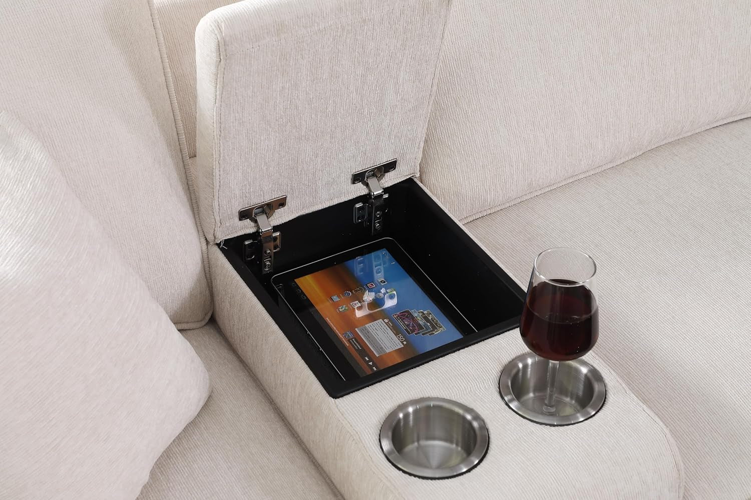 127" L-Shaped Sectional Couch with Movable Ottoman & 6 Throw Pillows,7 Seat Chenille Upholstered Sofa W/2 Cup Holder,Usb Port & Hidden Storage Box,Diy Combination,For Living Room,Apartment,Beige