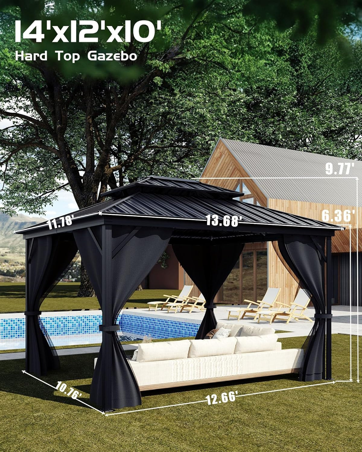 Hardtop Gazebo 12 Ft X14 Ft for All Weather, with Double Metal Roof, Net, and Curtain, Permanent Building for Patio, Deck, Backyard, Lawn, and Garden