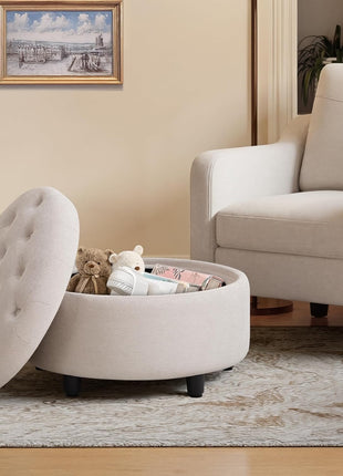 Fabric Round Storage Ottoman with Reversible Tray Lid - Stylish Footrest and Concealed Storage Option, Compact Coffee Table for Living Room, Bedroom, or Entryway (Beige)
