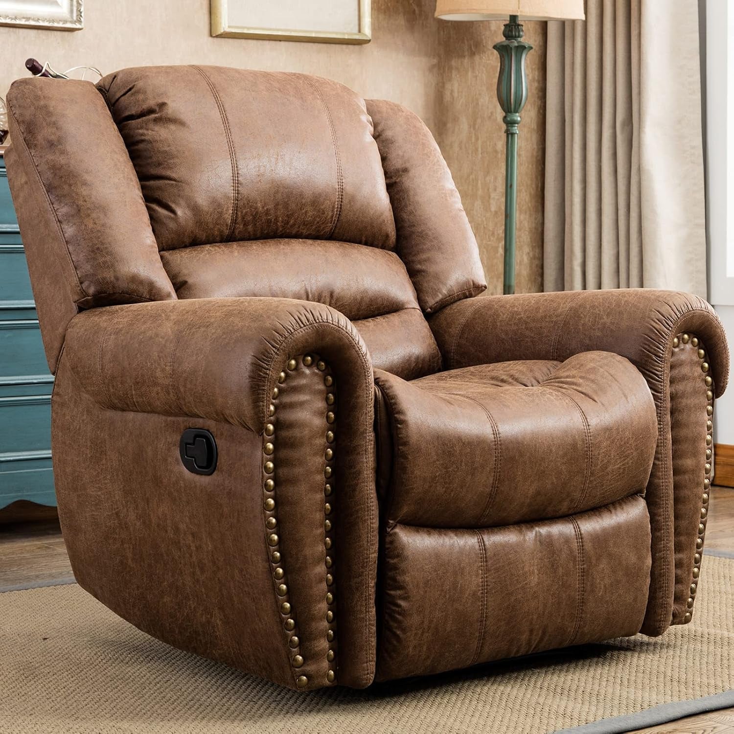 Leather Recliner Chair, Classic and Traditional Manual Recliner Chair with Comfortable Arms and Back Single Sofa for Living Room, Nut Brown