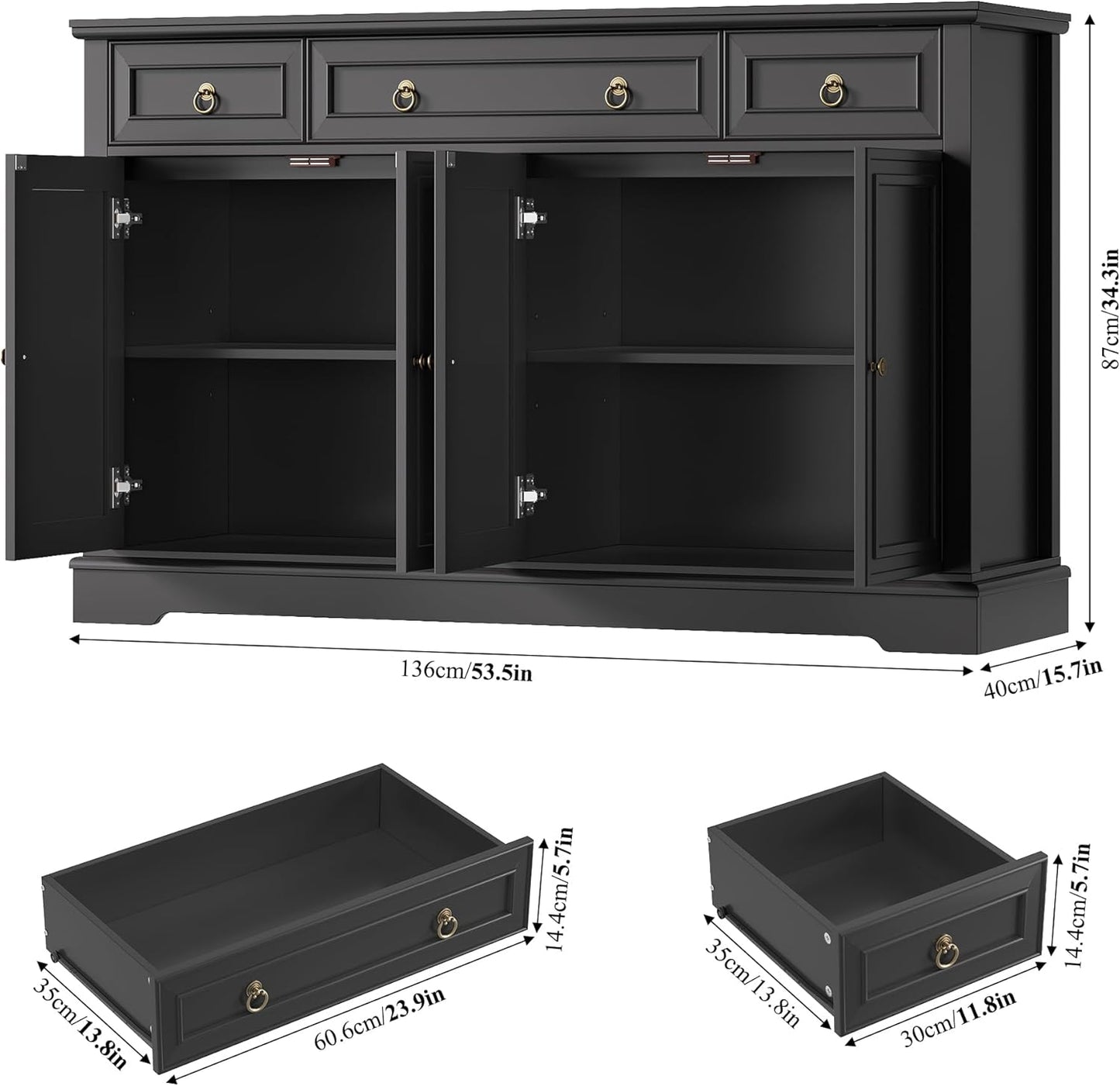 Buffet Cabinet with Storage, 52.7" Large Sideboard Buffet Table, Black Kitchen Cabinet with 3 Drawers and 4 Doors, Wood Coffee Bar for Kitchen Dining Room, Black