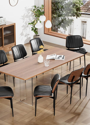 Set of 2 FSC Certified Mid-Century Modern Upholstered PU Leather Dining Chairs with Walnut Bentwood and Metal Legs in Black