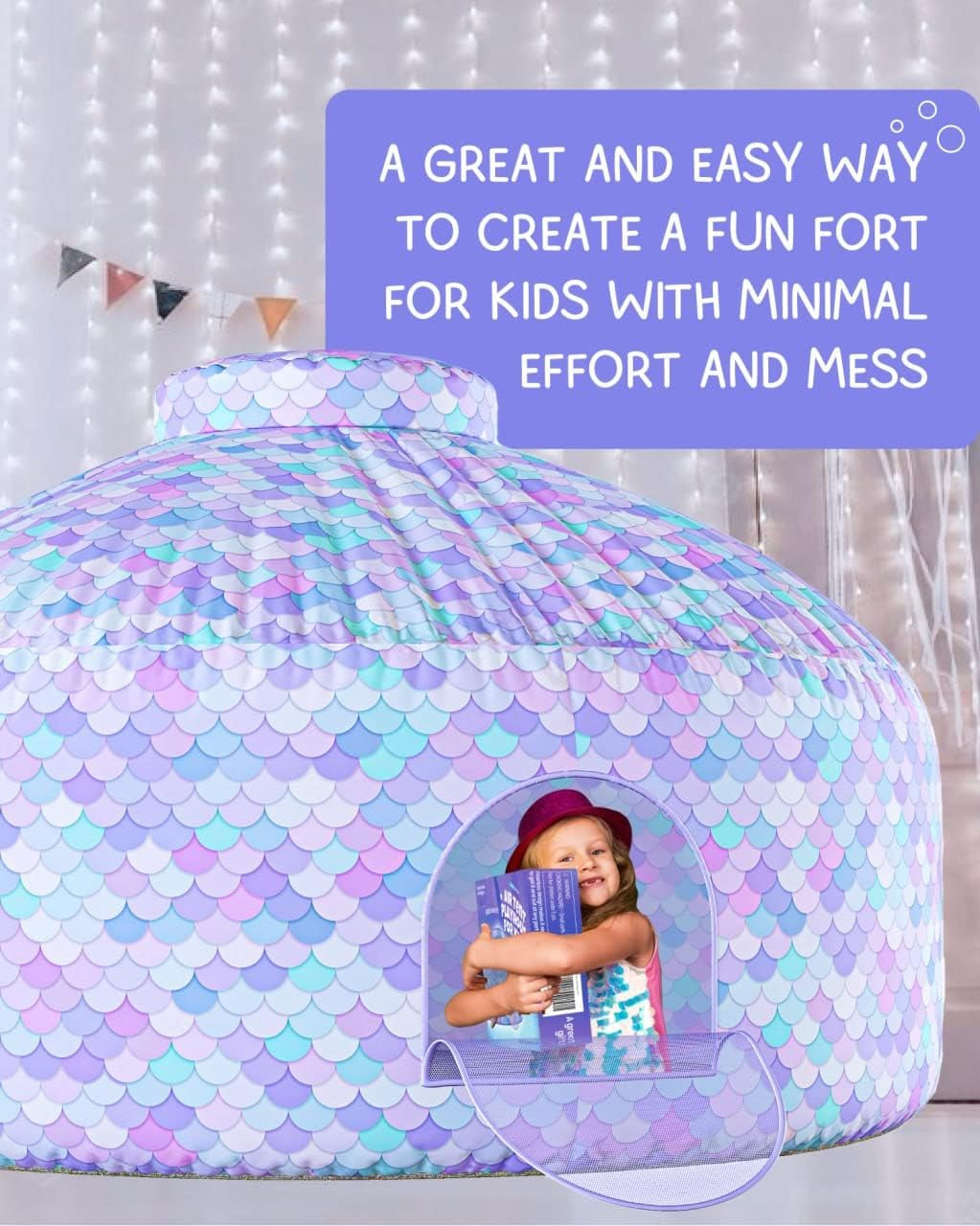 Mermaid Magic Fort Air Tent for Kids with Door (77” X 50”) Builds in 30 Seconds, Toddler Tents Indoor for Imaginative Play, Kids Forts Indoor Playhouse, Christmas/Birthday Gift (Fan Not Incl)