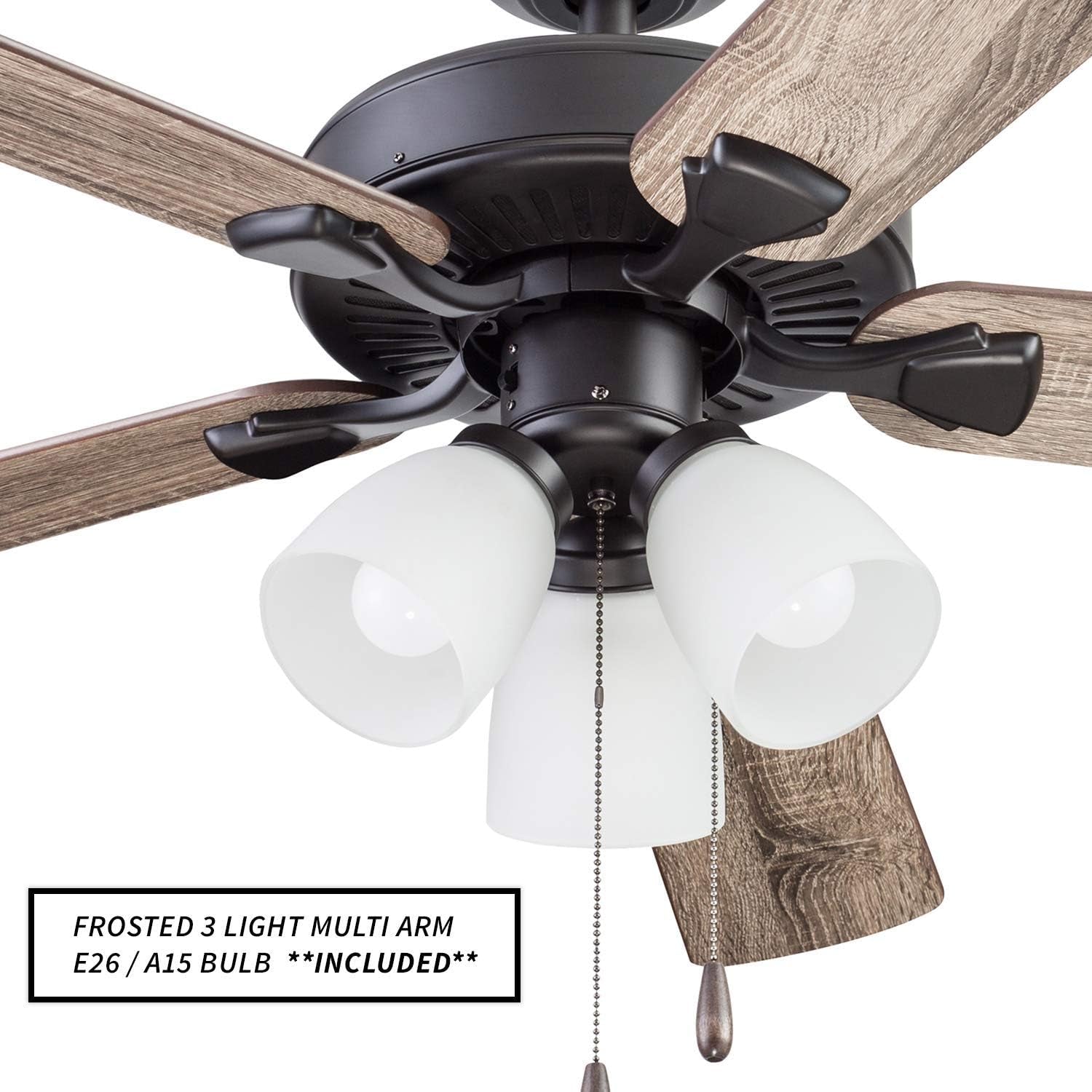 Ceiling Stannor 52" Bronze Indoor Fan with Frosted 3 Light LED Multi Arm E26/A15 Bulb and Pull-Chains, Traditional Style, 5 Reversible Barnwood/Northern Ebony Blades, 51434