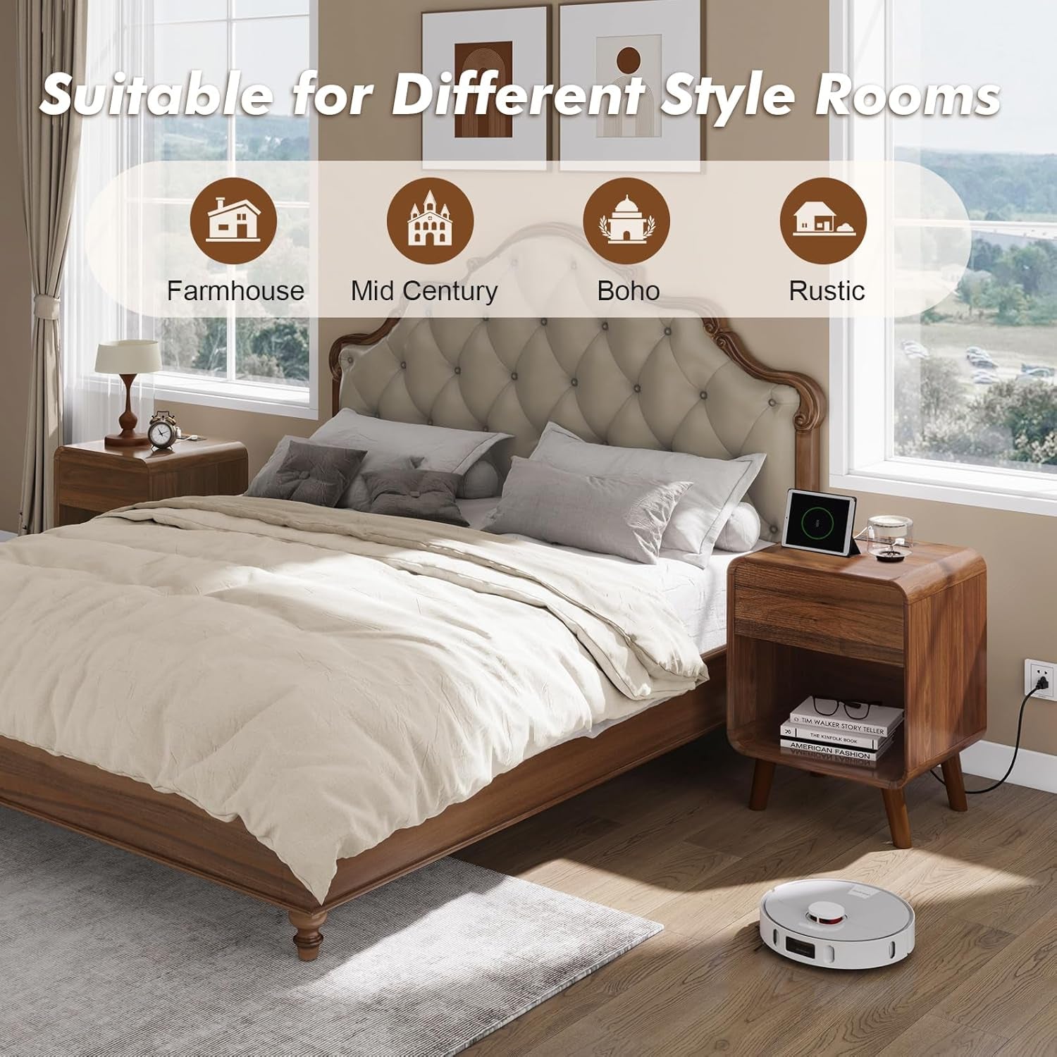 6 Drawer Dresser and Nightstand Sets with Charging Station, Wood Mid-Century Modern Dresser and Nightstand 3 Pieces for Bedroom, Living Room, Walnut