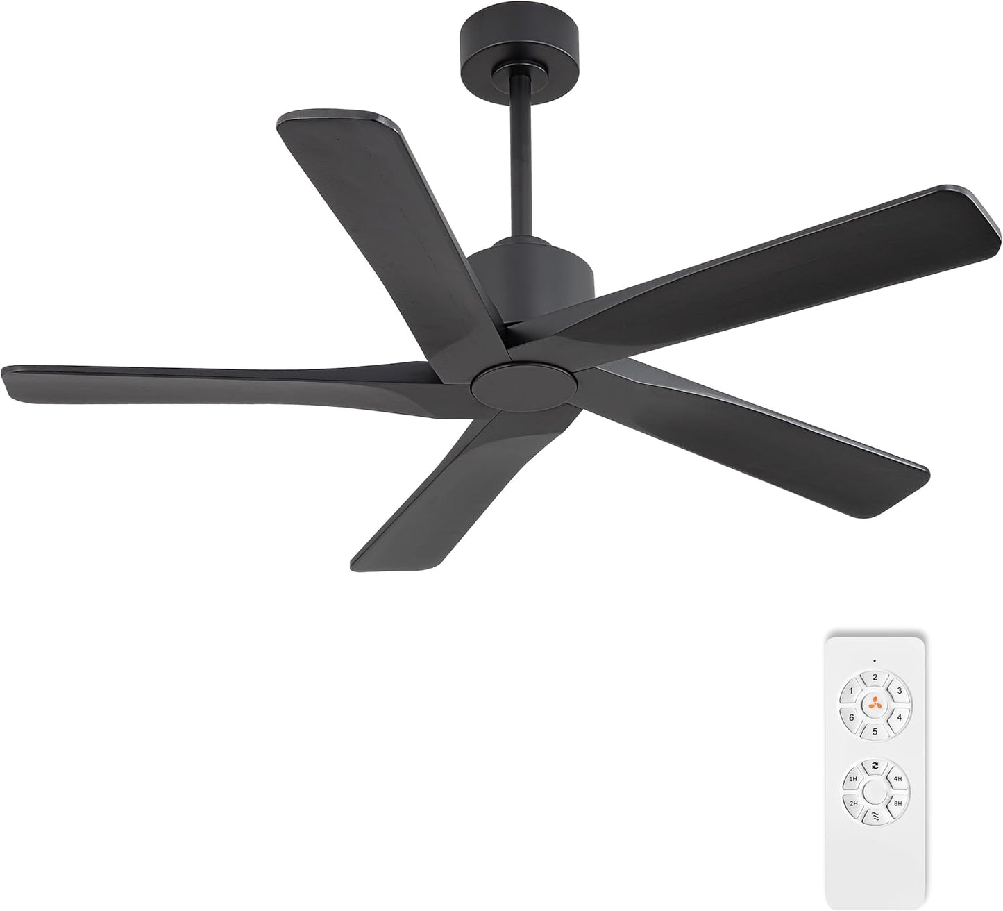 48" DC Ceiling Fan No Light - 5 Carved Solid Wood Blades, 6-Speed Reversible DC Motor, Ceiling Fan without Lights for Living Room Bedroom Kitchen Patio, Indoor and Outdoor, Matte Black