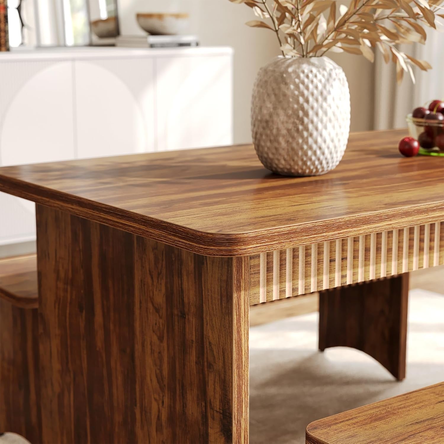 55" Dining Table with 2 Benches, Dining Table Set for 4-6 People, Farmhouse Kitchen Table with Bench, Dining Room Table Set