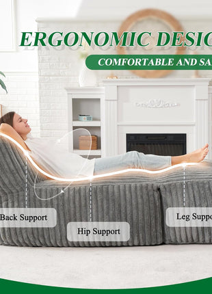 Large Bean Bag Lounger Chair for Adults with Memory Foam Filling - Ideal for Living Room, Bedroom, or Balcony (Stripe Grey)