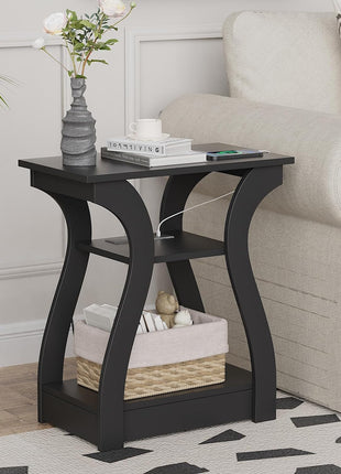 Black End Table Set of Two with Integrated Charging Station, USB Ports, and Outlets, 3-Tier Nightstand with Storage Shelf for Living Room and Bedroom