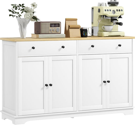 Sideboard Buffet Cabinet with Storage, 55" Modern Kitchen Cabinet with 4 Doors, 2 Drawers and 2 Adjustable Shelves, Coffee Bar Cabinet, White
