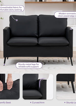 Mid-Century Modern Faux Leather Loveseat Sofa for Compact Spaces with Two Pillows, Perfect for Living Room, Bedroom, Apartment, Office, or Dorm (Black)