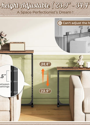 Height Adjustable Rustic Brown Console Table with Power Outlets and USB-C Ports, 78.7 Inches, Perfect for Compact Living Spaces