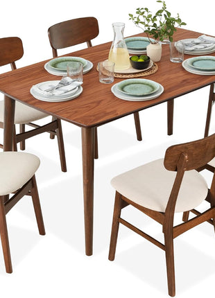7-Piece Mid-Century Modern Wooden Dining Set with Upholstered Chairs and Rounded Table Corners in Walnut and Cream