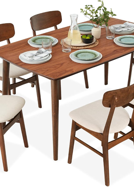7-Piece Mid-Century Modern Wooden Dining Set with Upholstered Chairs and Rounded Table Corners in Walnut and Cream