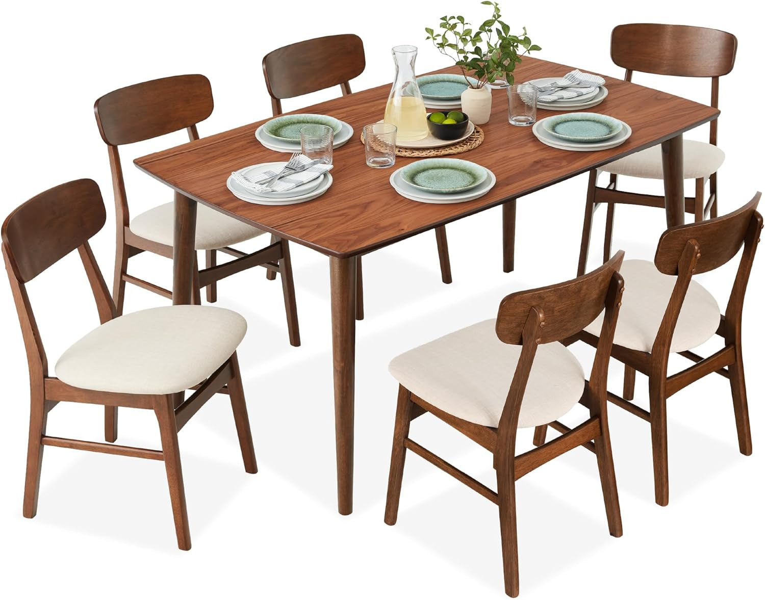 7-Piece Wooden Dining Room Table Set, Mid-Century Modern, Kitchen Table W/ 6 Chairs, Upholstered Cushions, Curved Backrests, Rounded Table Corners - Walnut/Cream