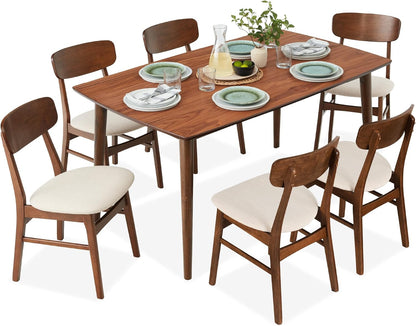7-Piece Wooden Dining Room Table Set, Mid-Century Modern, Kitchen Table W/ 6 Chairs, Upholstered Cushions, Curved Backrests, Rounded Table Corners - Walnut/Cream