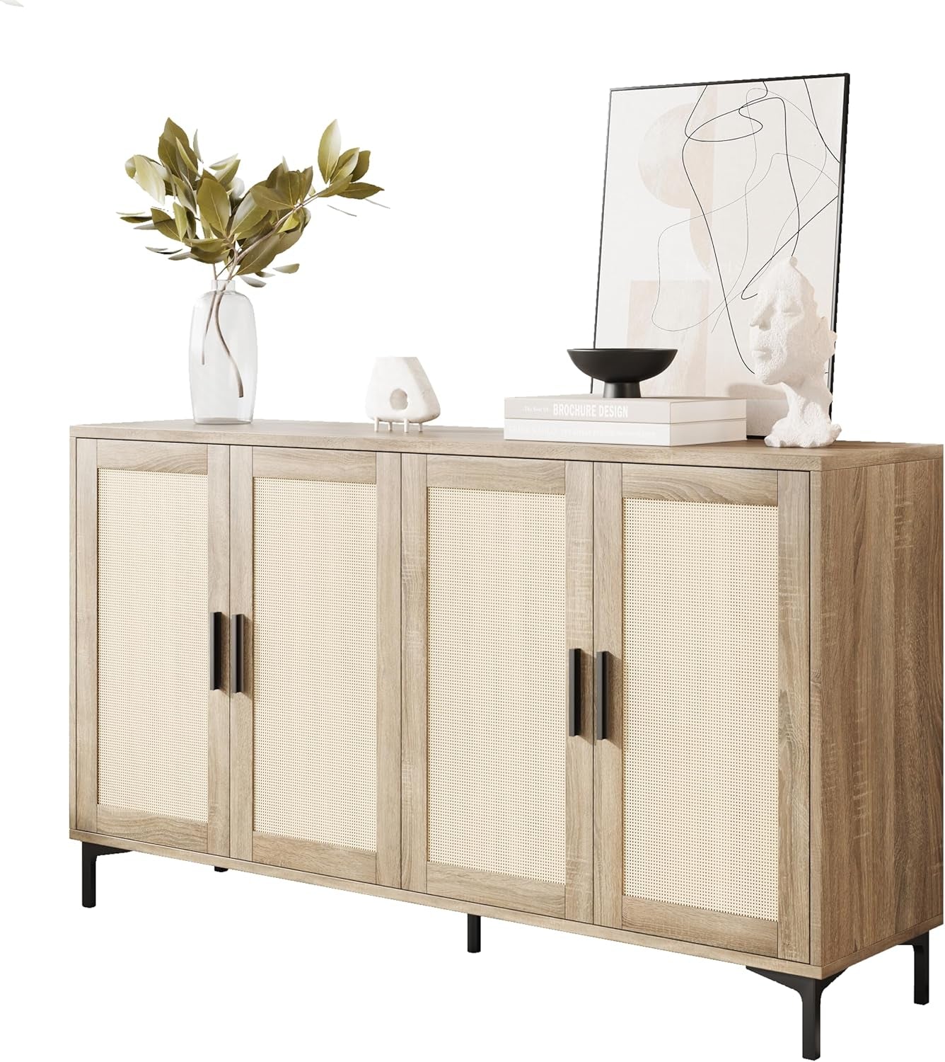 Buffet Cabinet with Storage, 48" Rattan Sideboard with Adjustable Shelves, Modern Coffee Bar Cabinet Console Table with Doors, Credenza for Kitchen, Living Room, Entryway, Dining Room, Wood