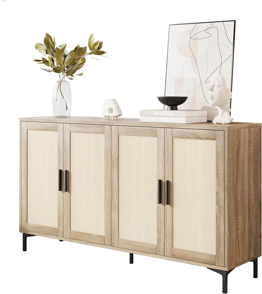 Buffet Cabinet with Storage, 48" Rattan Sideboard with Adjustable Shelves, Modern Coffee Bar Cabinet Console Table with Doors, Credenza for Kitchen, Living Room, Entryway, Dining Room, Wood