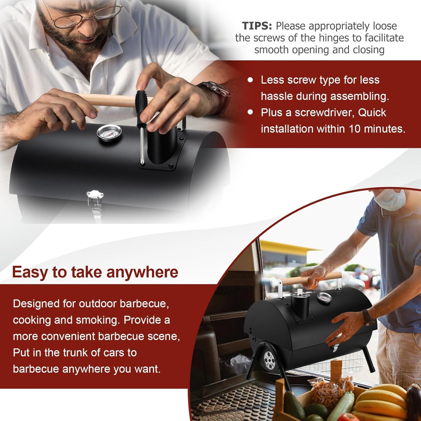 Portable Charcoal Grill with Thermometer, Small Tabletop Barbecue Grill for Outdoor Camping Backyard Party BBQ Cooking, Extra Thick Steel & Heavy Duty, Innovative Design & Easy Assembly