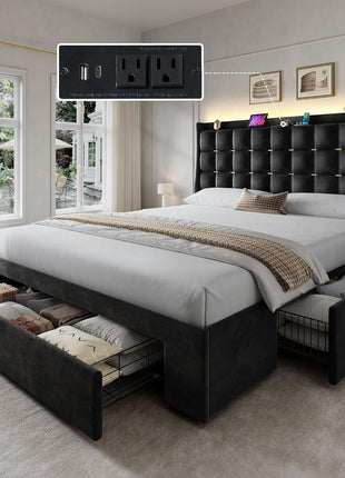 Queen Size Velvet Upholstered Bed Frame with 3 Storage Drawers, RGB LED Lights, Charging Station, and Storage Headboard - No Box Spring Required, Easy Assembly, Noise-Free, Black