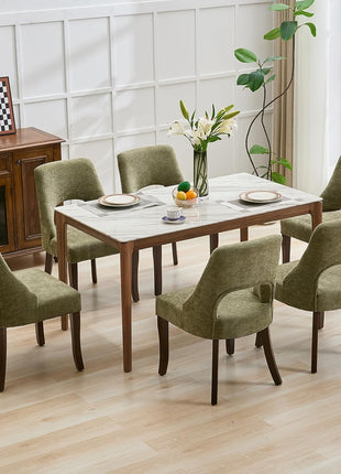Set of 2 Mid-Century Modern Chenille Upholstered Dining Chairs with Solid Wood Legs in Green for Kitchen and Dining Room