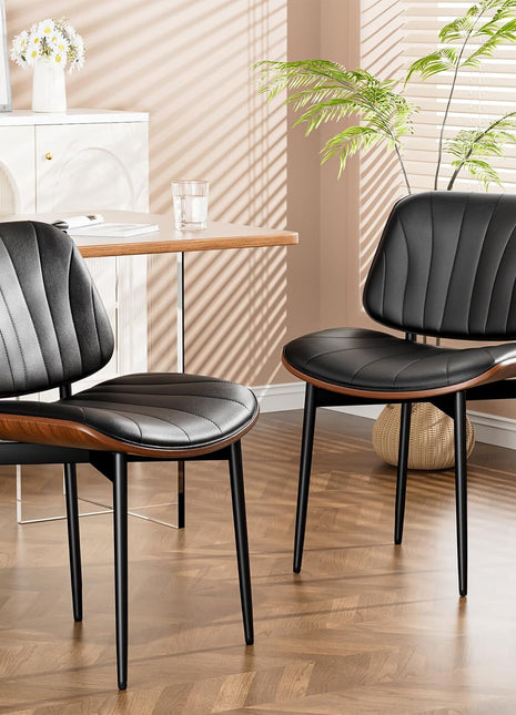 Set of 2 FSC Certified Mid-Century Modern Upholstered PU Leather Dining Chairs with Walnut Bentwood and Metal Legs in Black
