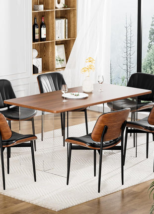 Set of 2 FSC Certified Mid-Century Modern Upholstered PU Leather Dining Chairs with Walnut Bentwood and Metal Legs in Black