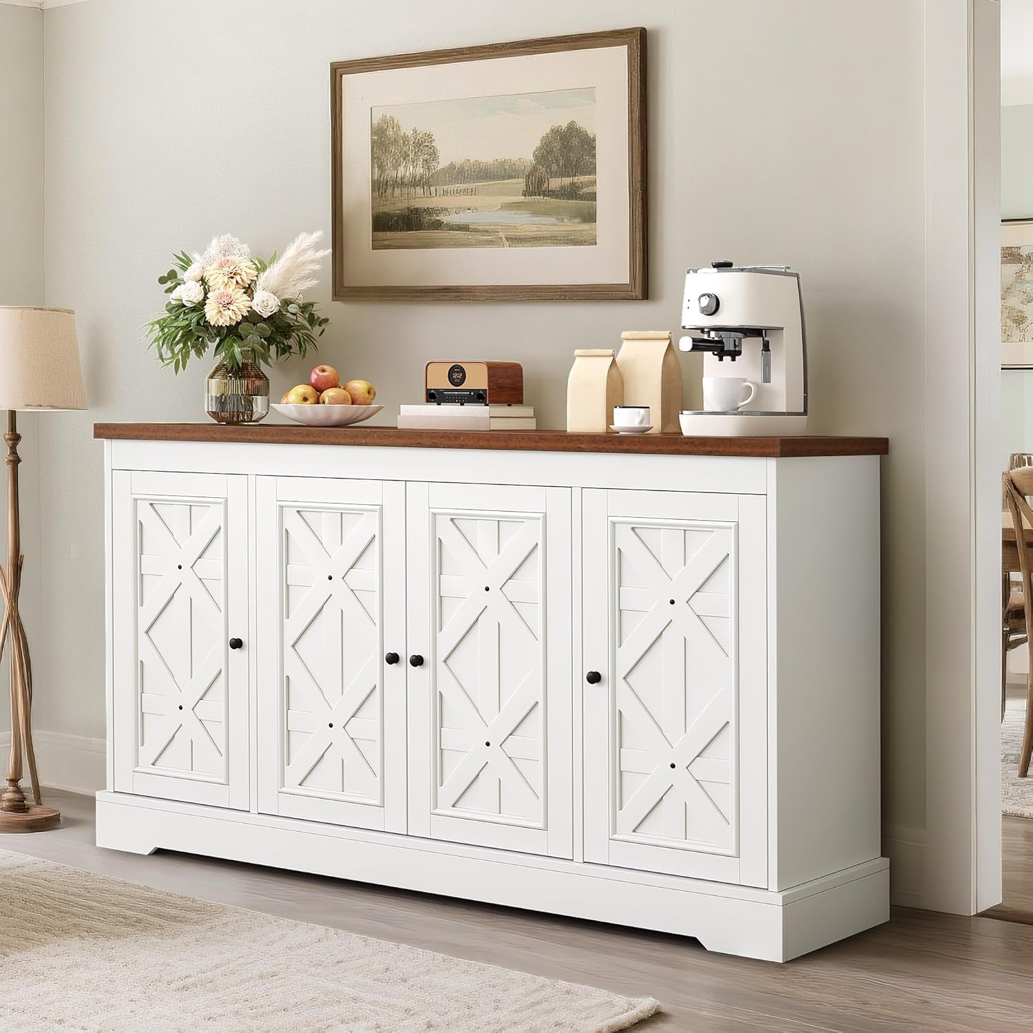 Sideboard Buffet Cabinet with Storage, 59" Buffet Storage with 4 Doors, Modern Farmhouse Coffee Bar Station Wood Kitchen Table with Adjustable Shelves for Kitchen, Living Room (White)