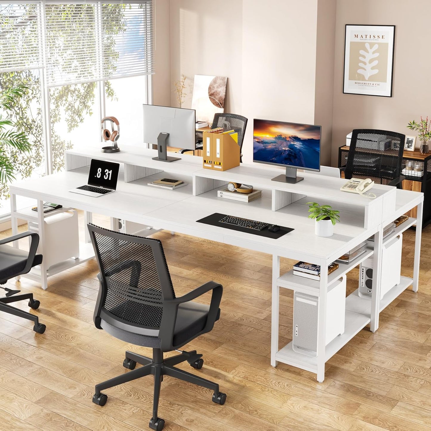 Two Person Desk with Monitor Stand, 78.74" Long Double Computer Office Desk with Storage Shelves, Large Gaming Desk Study Writing Table Workstation for Home Office (White)